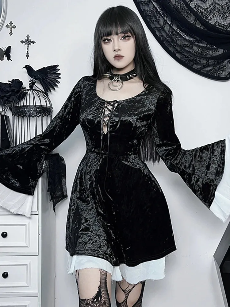 InsGoth Gothic Lace Up Velvet Queen Renaissance Medieval Witch Vintage Cosplay Party Gothic Dress