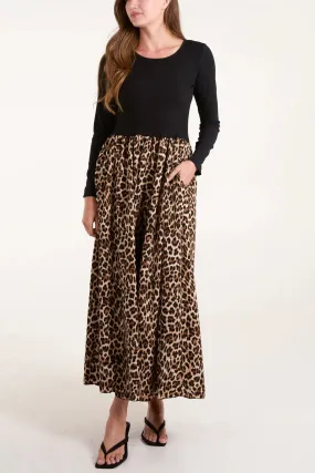 Italian Leopard Elasticated Bodice Long Sleeve Midi Dress