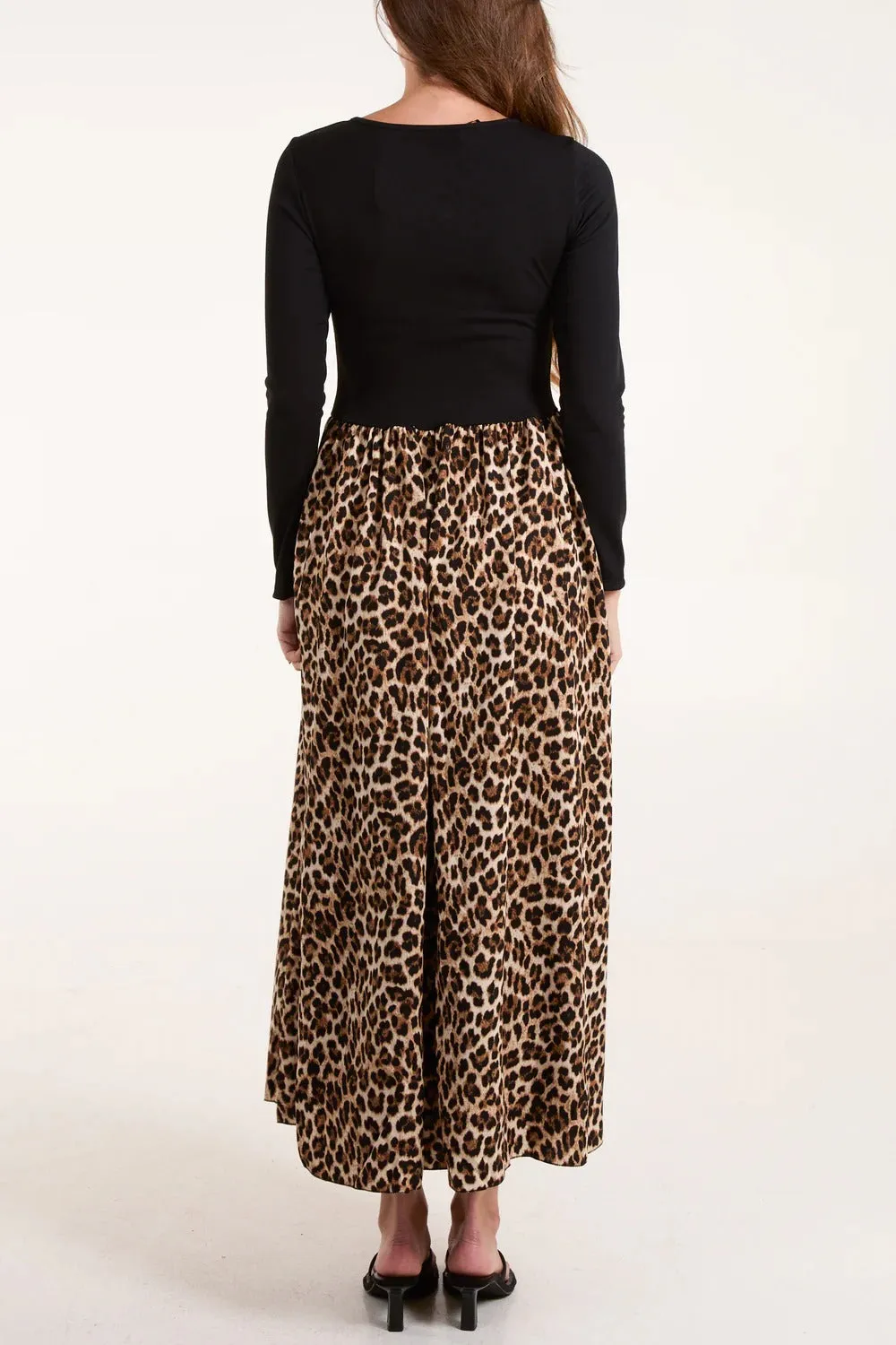 Italian Leopard Elasticated Bodice Long Sleeve Midi Dress