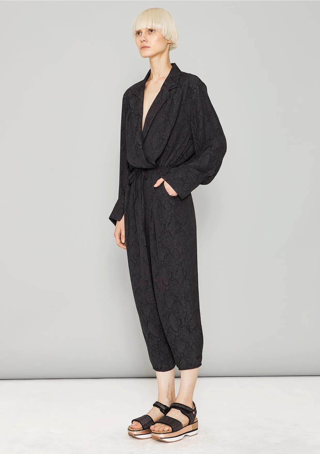 JUMPSUIT REVERS LONG - JACQUARD SATIN black snake