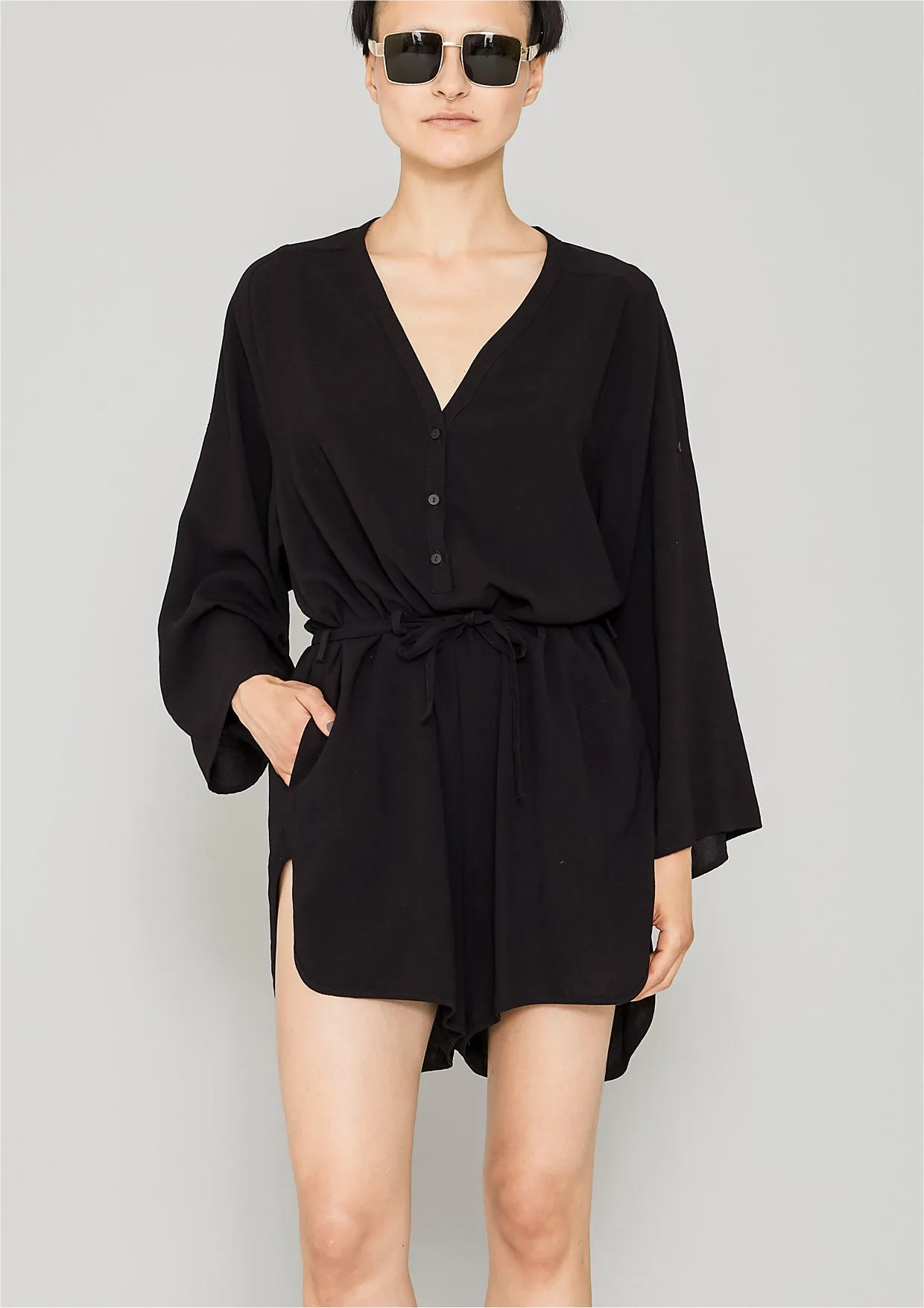 JUMPSUIT SHORT-LOOSE/BELT - black plain