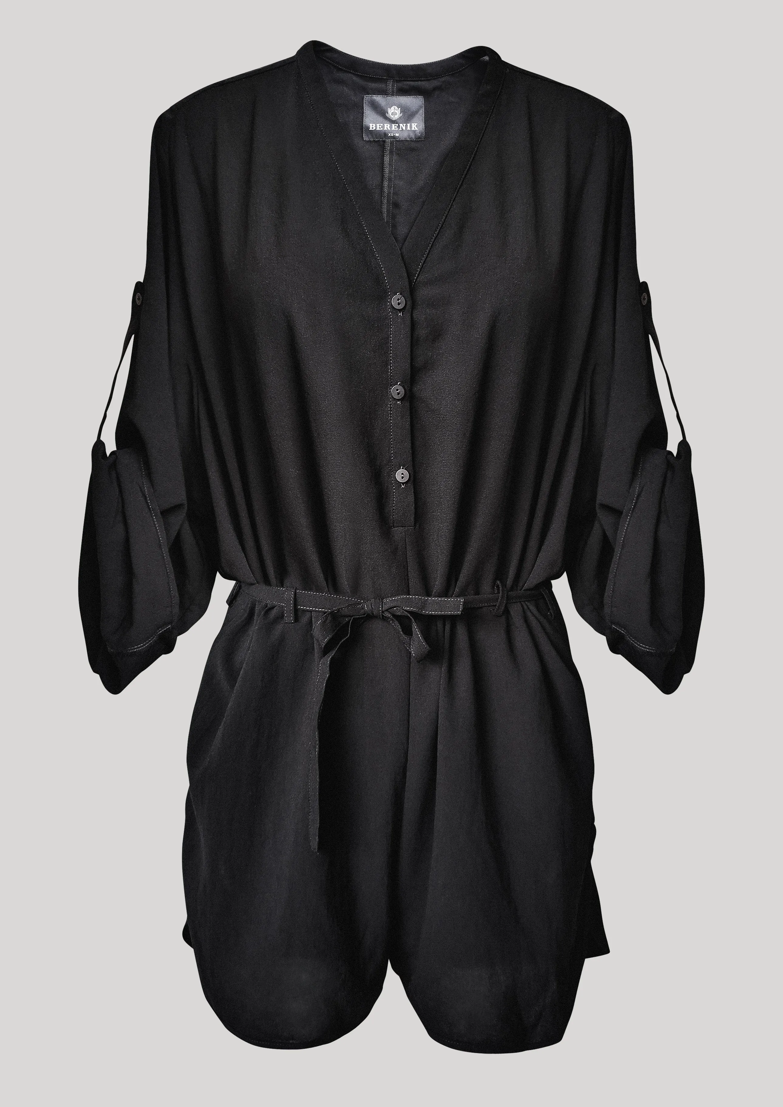 JUMPSUIT SHORT-LOOSE/BELT - black plain