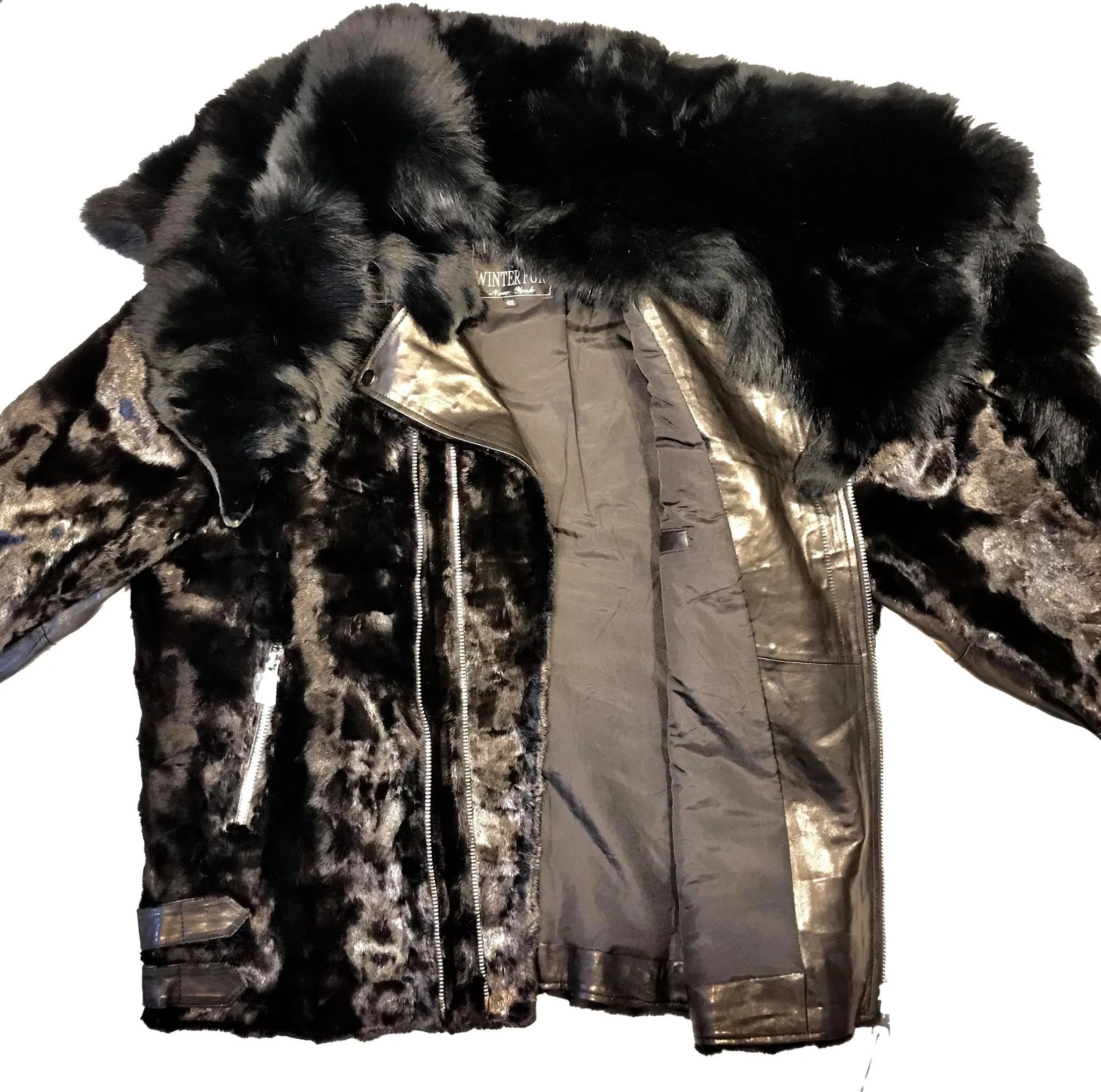 Kashani Mink Black Detachable Fox Collar Bomber Jacket