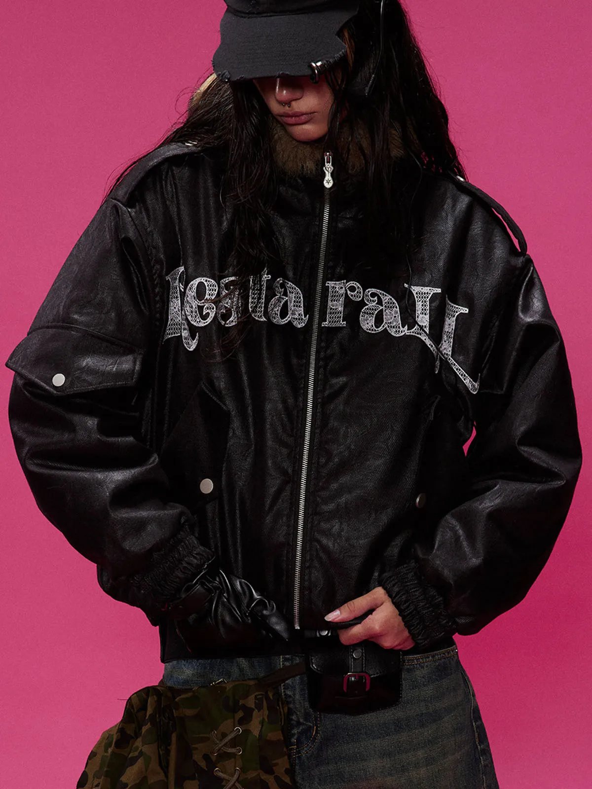 Lace Lettering Fur Hooded Leather Quited Jacket