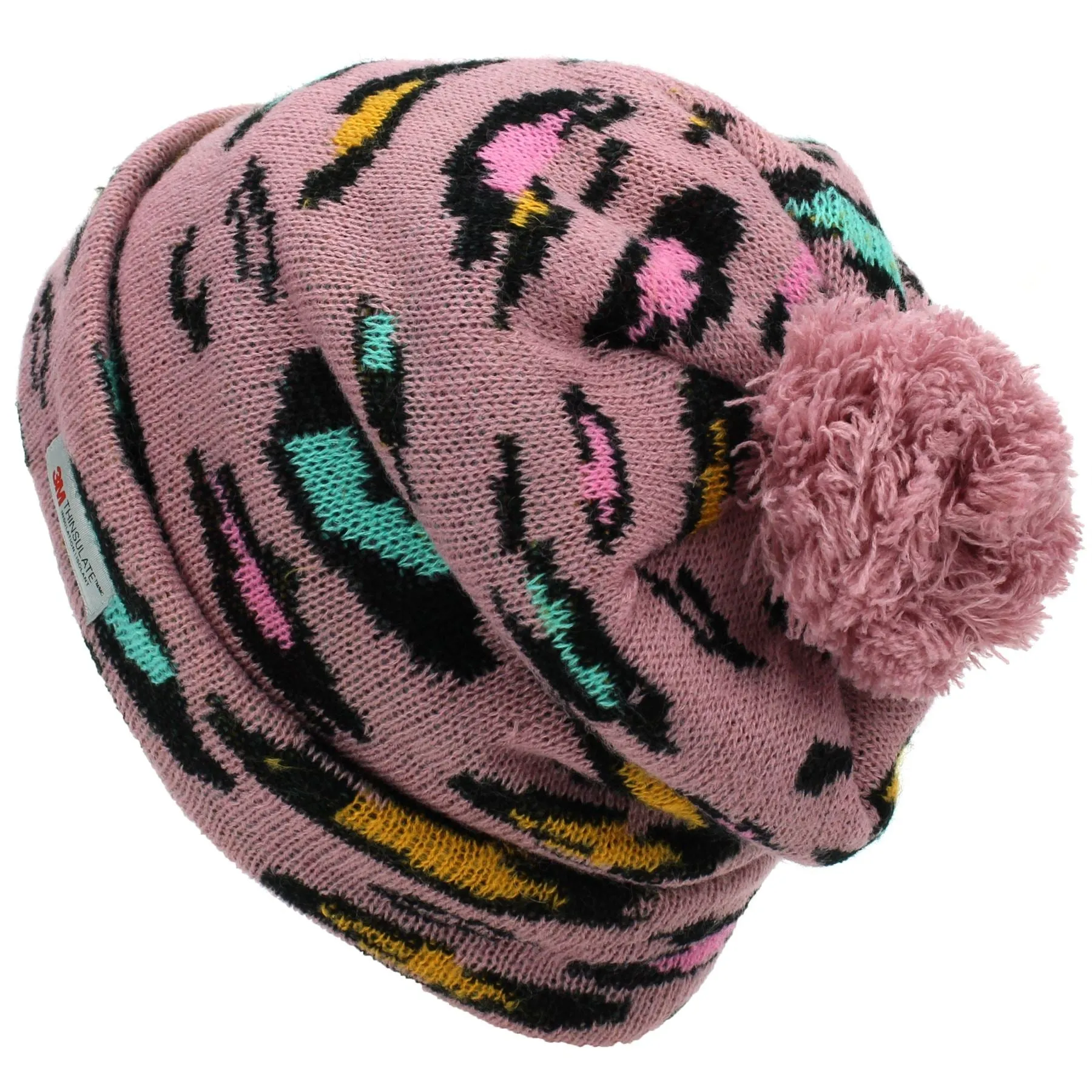 Leopard Print Beanie Hat with Matching Colour Bobble - Pink