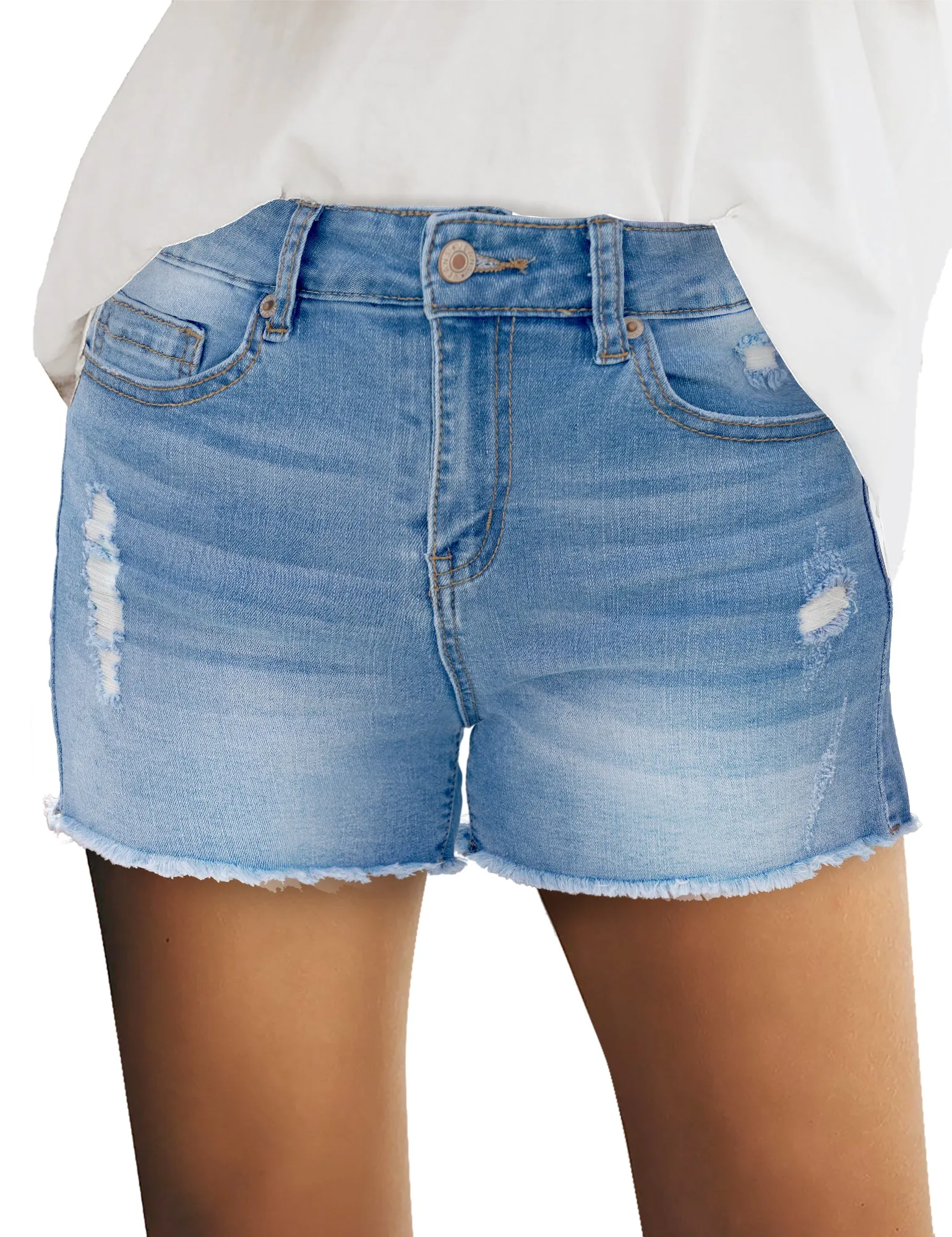 Light Blue Women's Mid Rise  Hem Distressed Jeans Ripped Denim Shorts