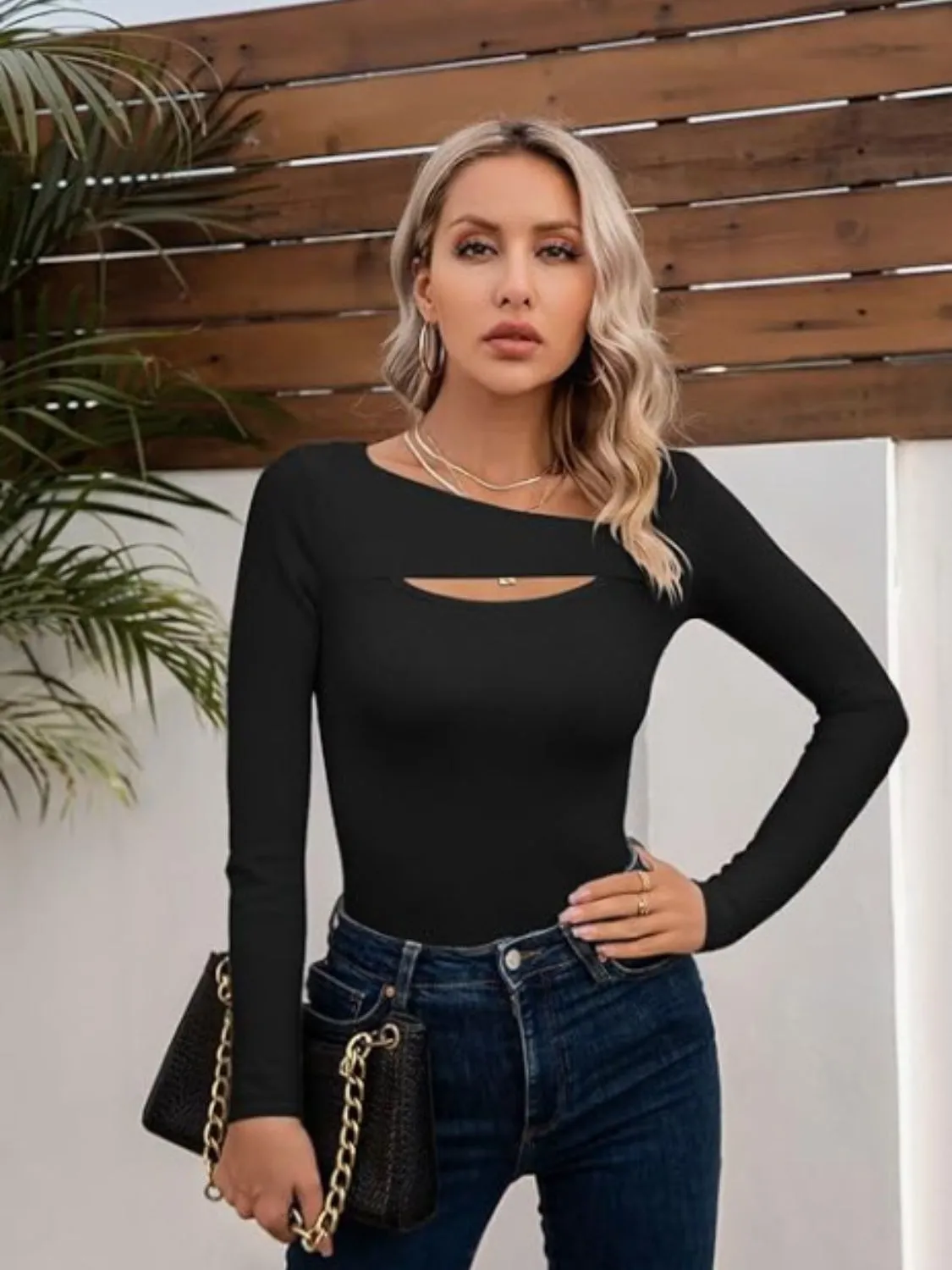 Long Sleeve T-Shirt Cotton Women's Basics Asymmetrical Neck Cutout Design Tight Slim Fit Top