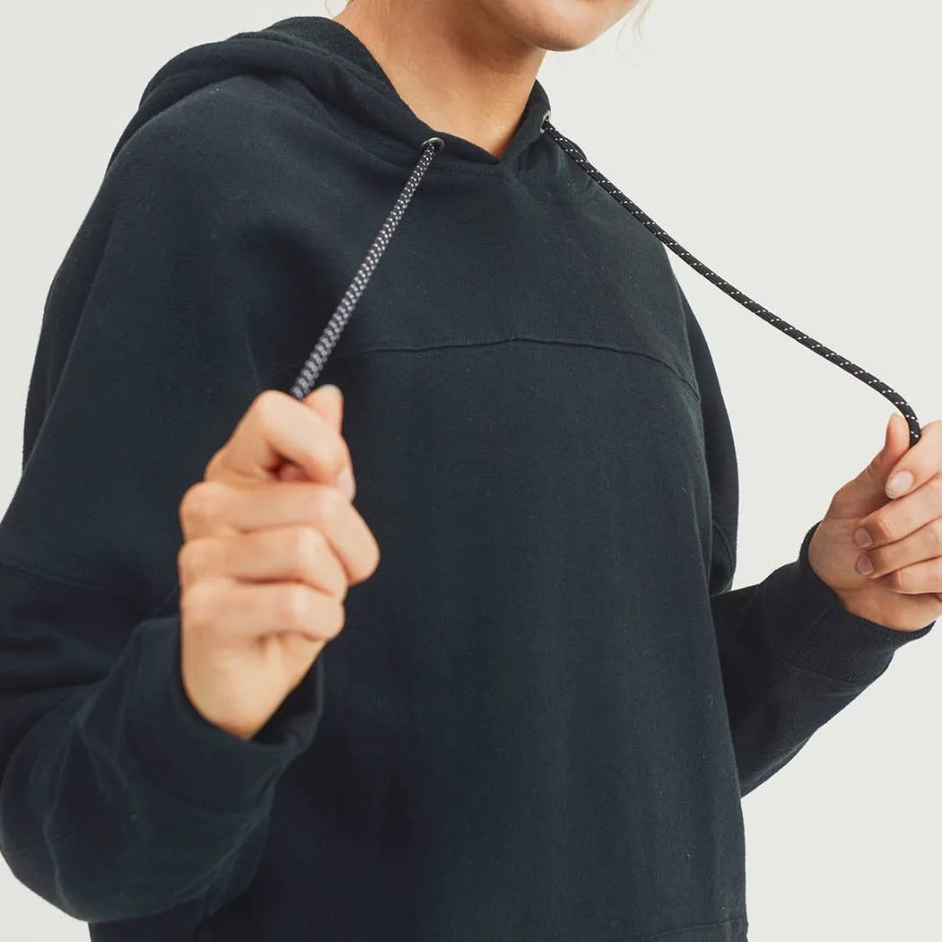 Longline Hoodie Pullover with Yoke Accent-Black