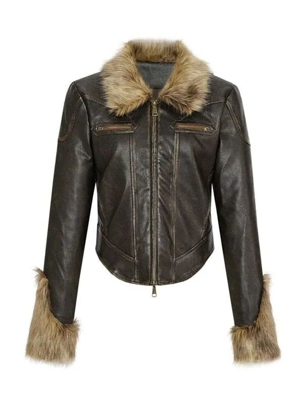 Luxury Quilted Leather Jacket With Fur Collar