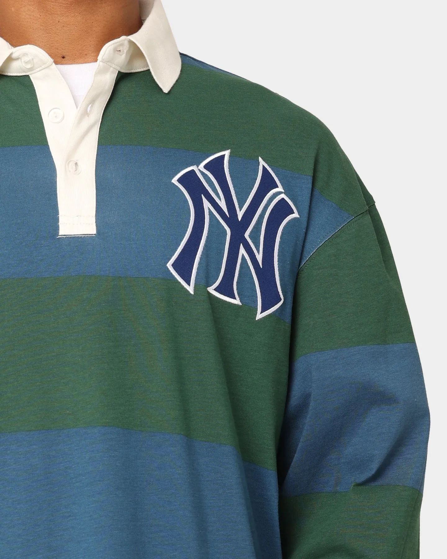 Majestic Athletic New York Yankees Vintage Athletic Stripe Rugby Jersey Dark Cedar/French Blue