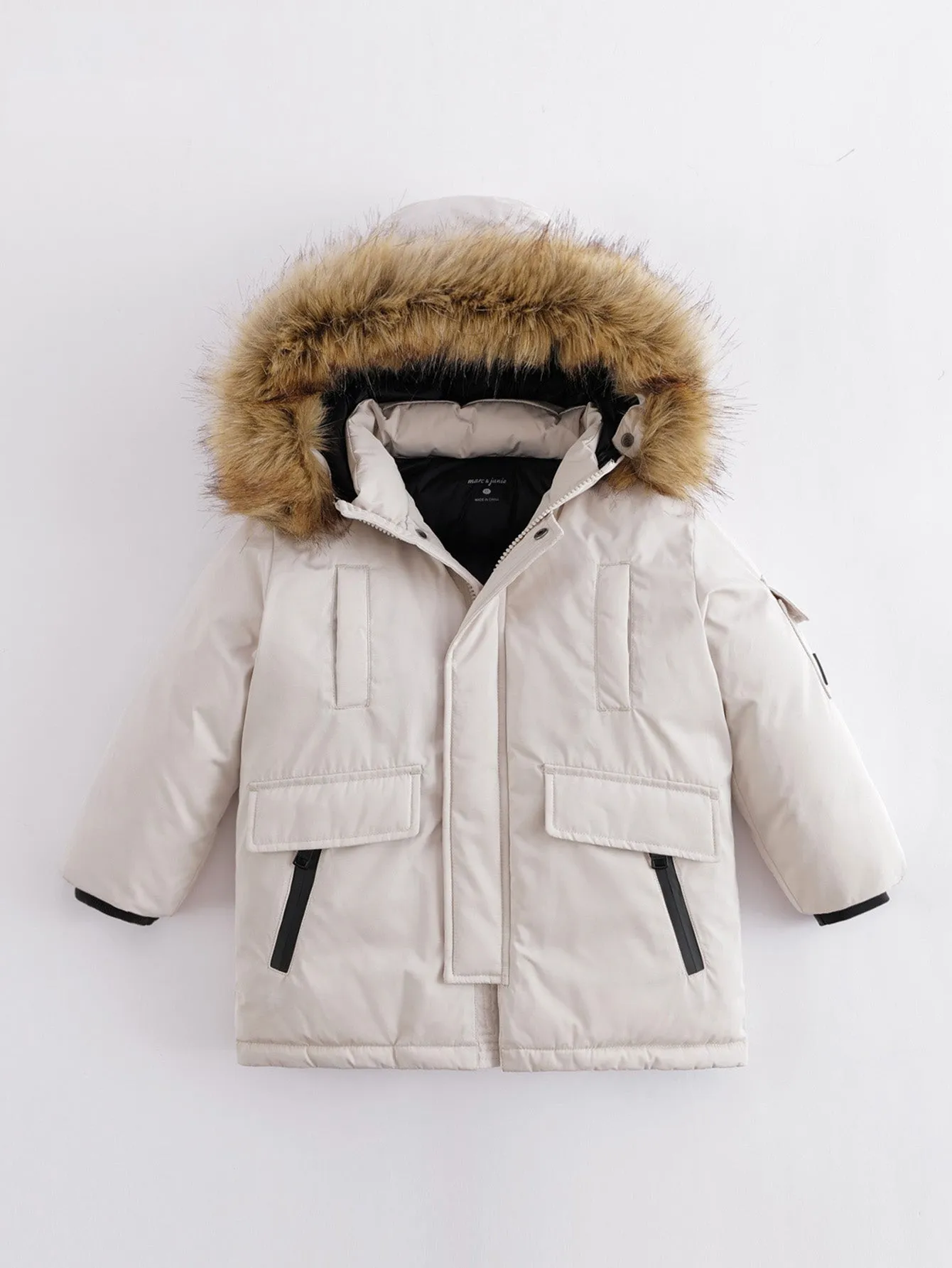 MARC & JANIE Boys Ultralight Hooded Down Mid-Length Coat with Faux Raccoon Fur Collar 213578