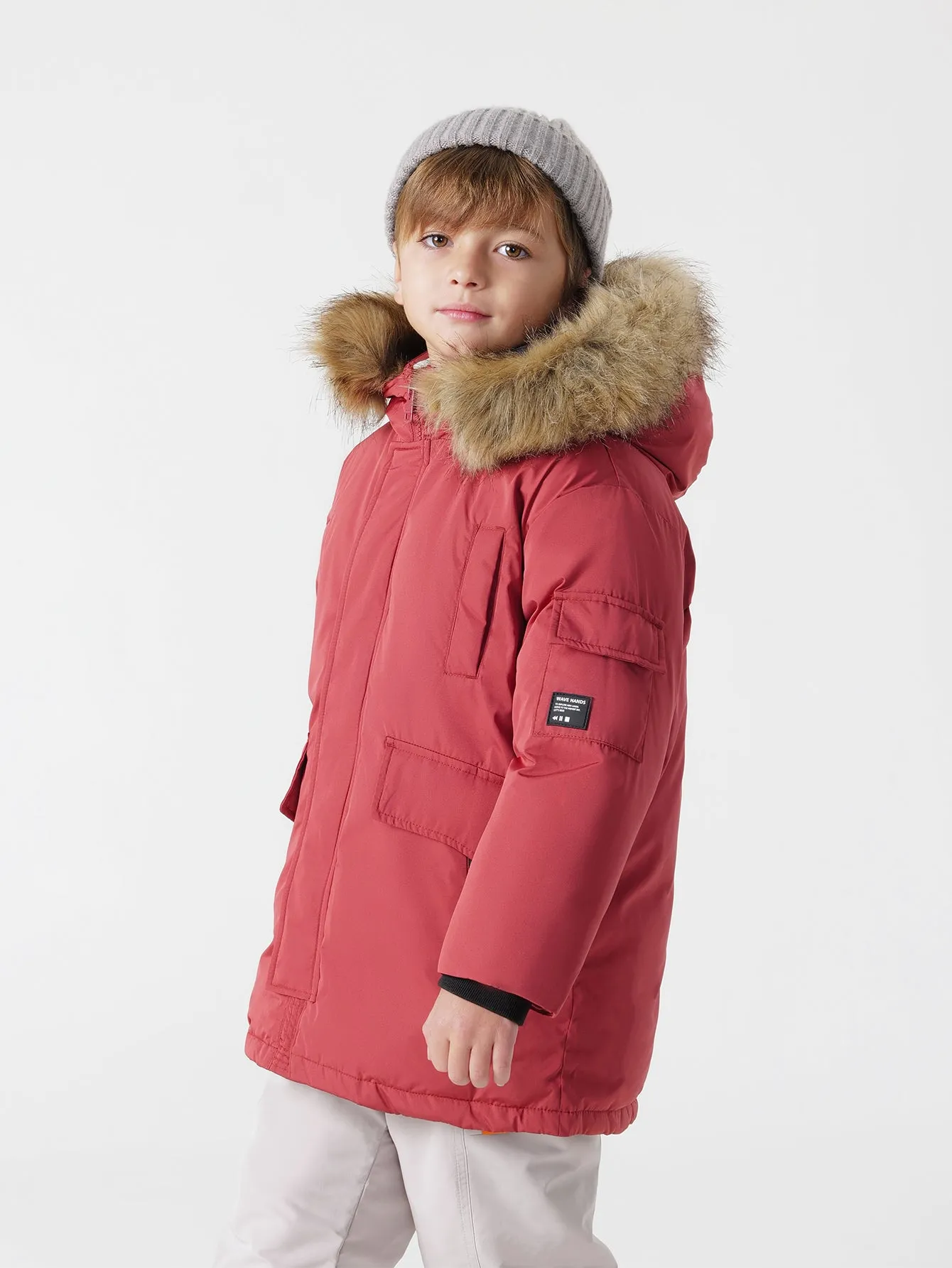 MARC & JANIE Boys Ultralight Hooded Down Mid-Length Coat with Faux Raccoon Fur Collar 213578