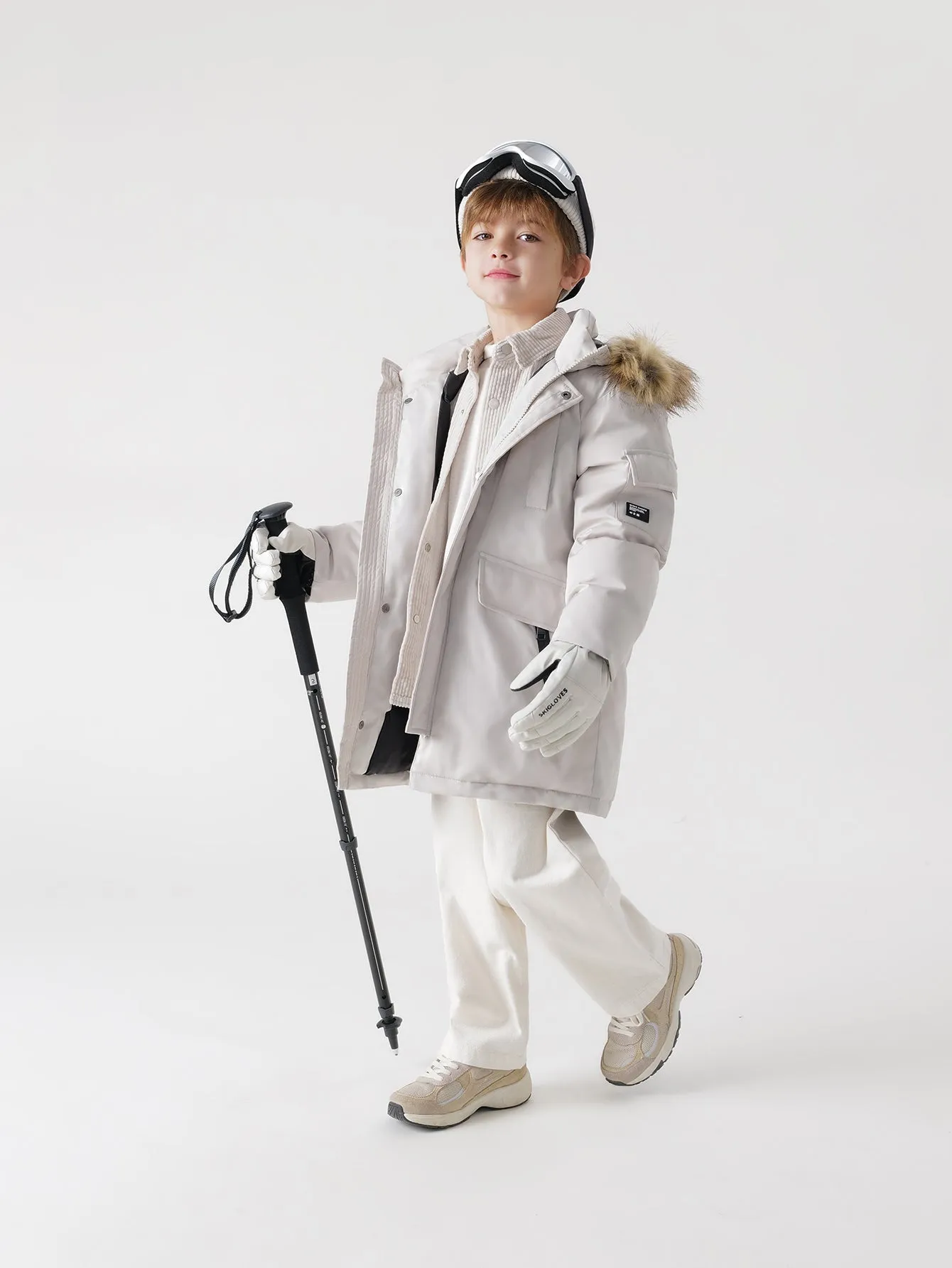 MARC & JANIE Boys Ultralight Hooded Down Mid-Length Coat with Faux Raccoon Fur Collar 213578