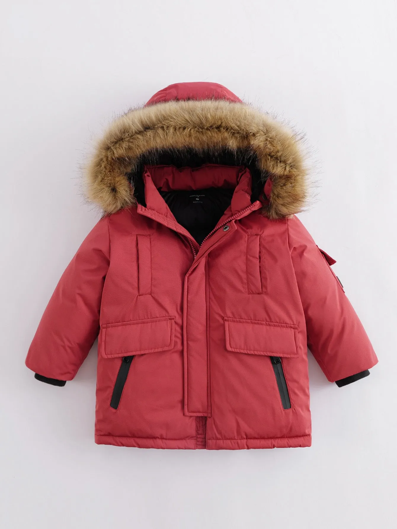 MARC & JANIE Boys Ultralight Hooded Down Mid-Length Coat with Faux Raccoon Fur Collar 213578