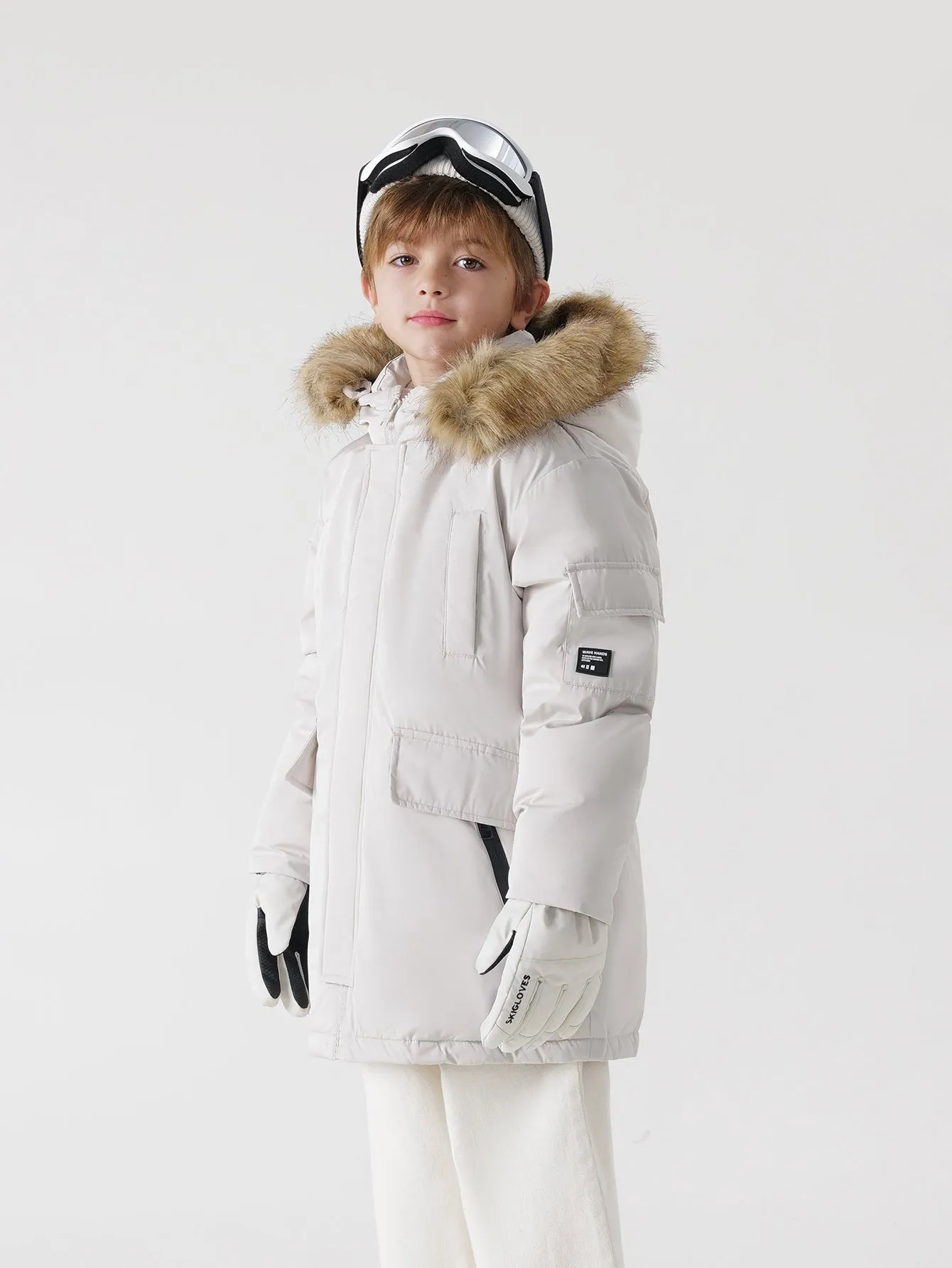 MARC & JANIE Boys Ultralight Hooded Down Mid-Length Coat with Faux Raccoon Fur Collar 213578