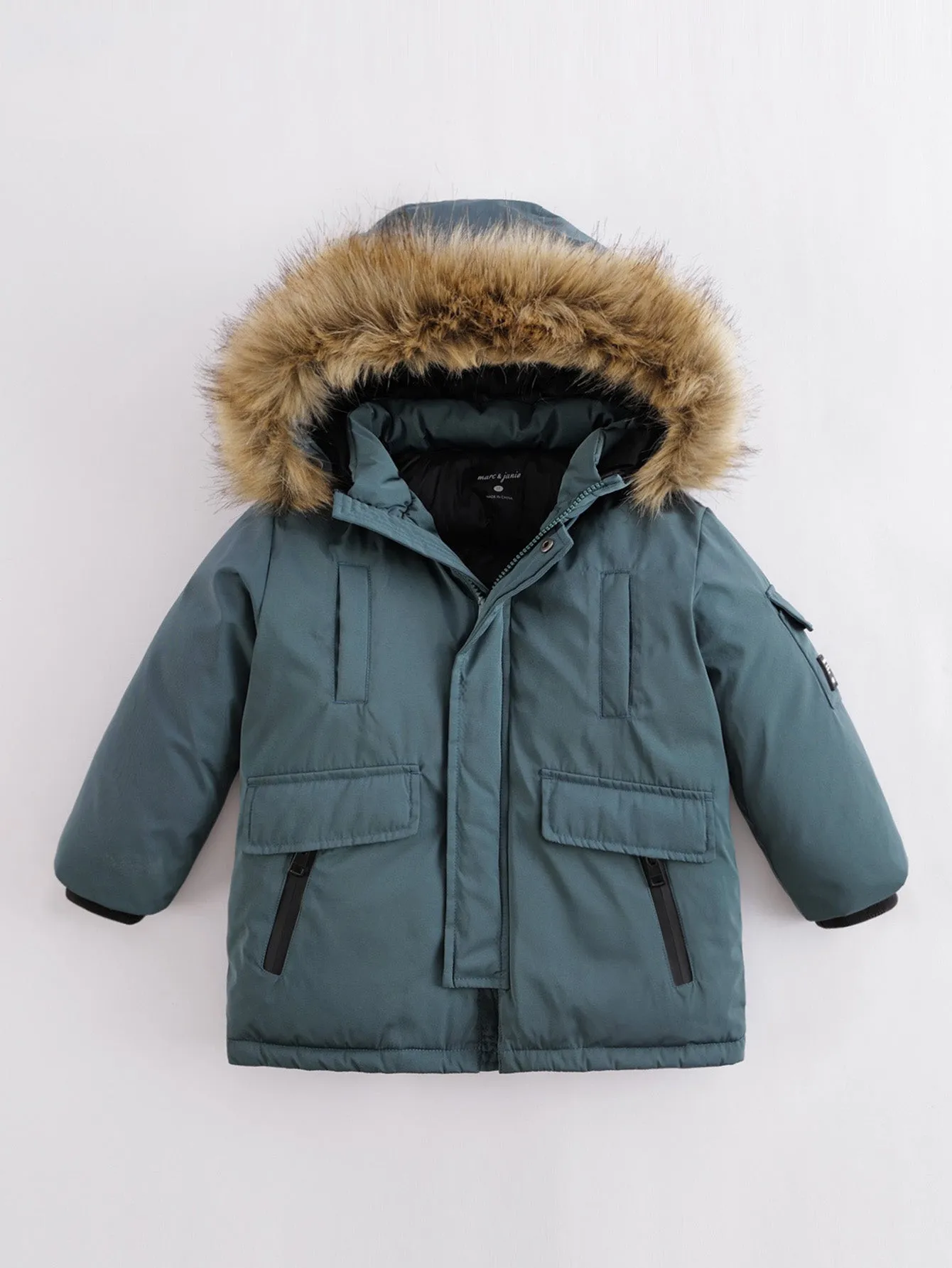 MARC & JANIE Boys Ultralight Hooded Down Mid-Length Coat with Faux Raccoon Fur Collar 213578