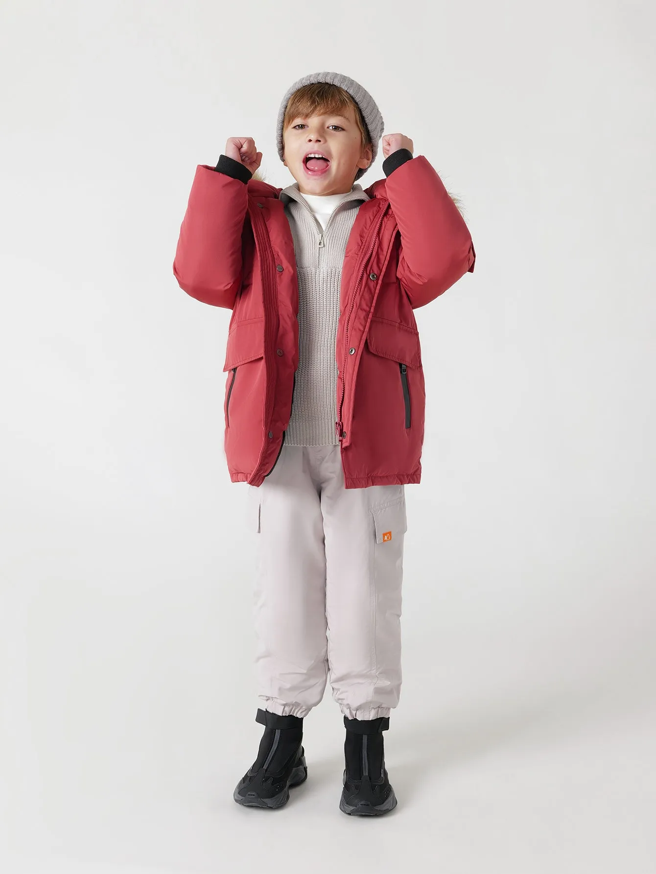 MARC & JANIE Boys Ultralight Hooded Down Mid-Length Coat with Faux Raccoon Fur Collar 213578