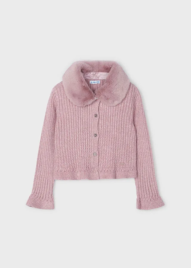 Mayoral Girls Rose Pink Fur Collar Cardigan