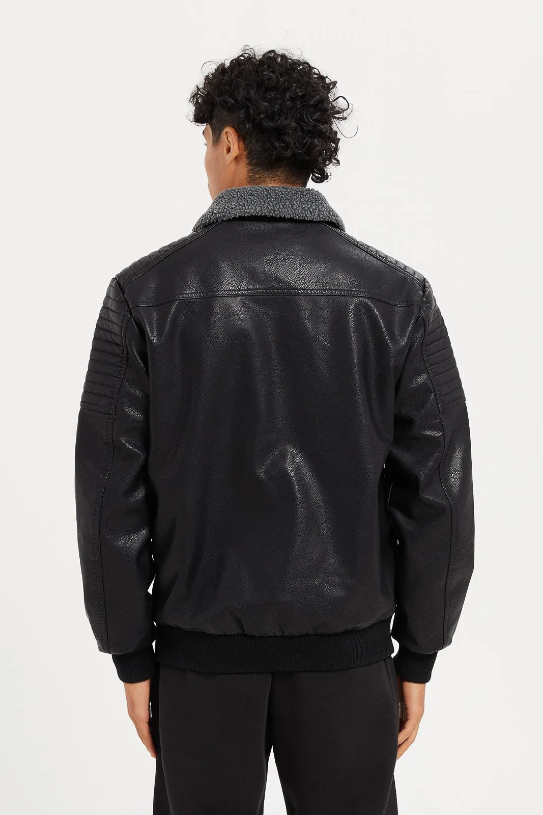 Men Black Fux Leather Aviator Jacket