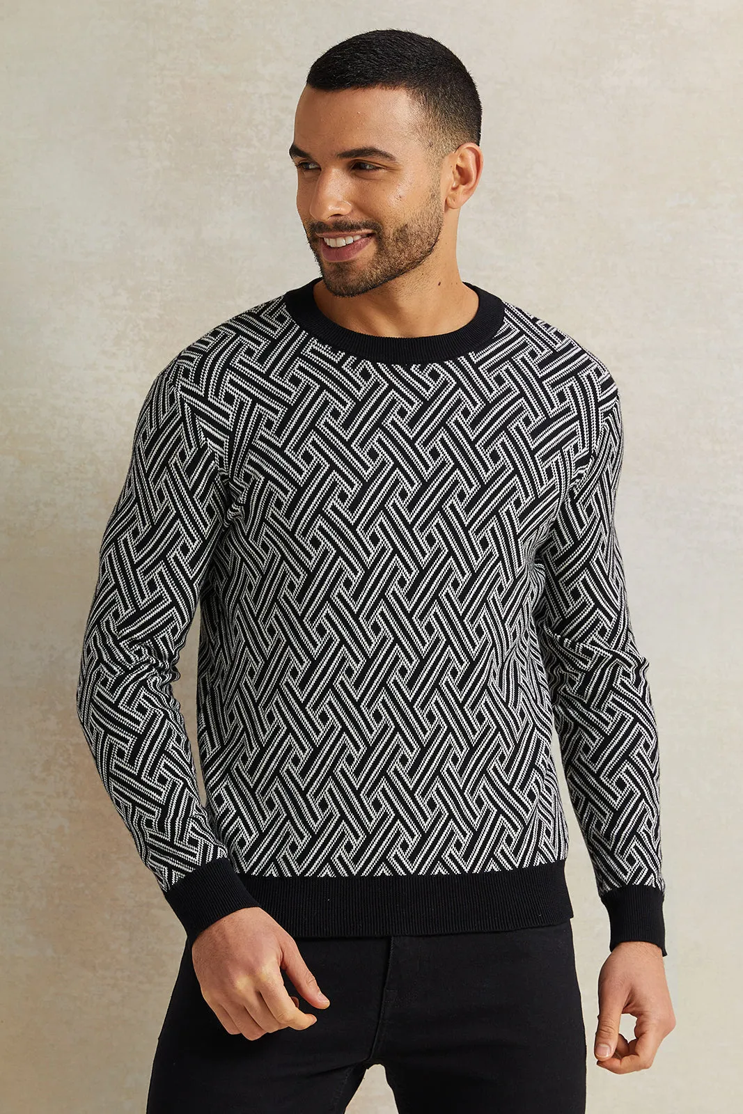 Men Black Knitted Pullover