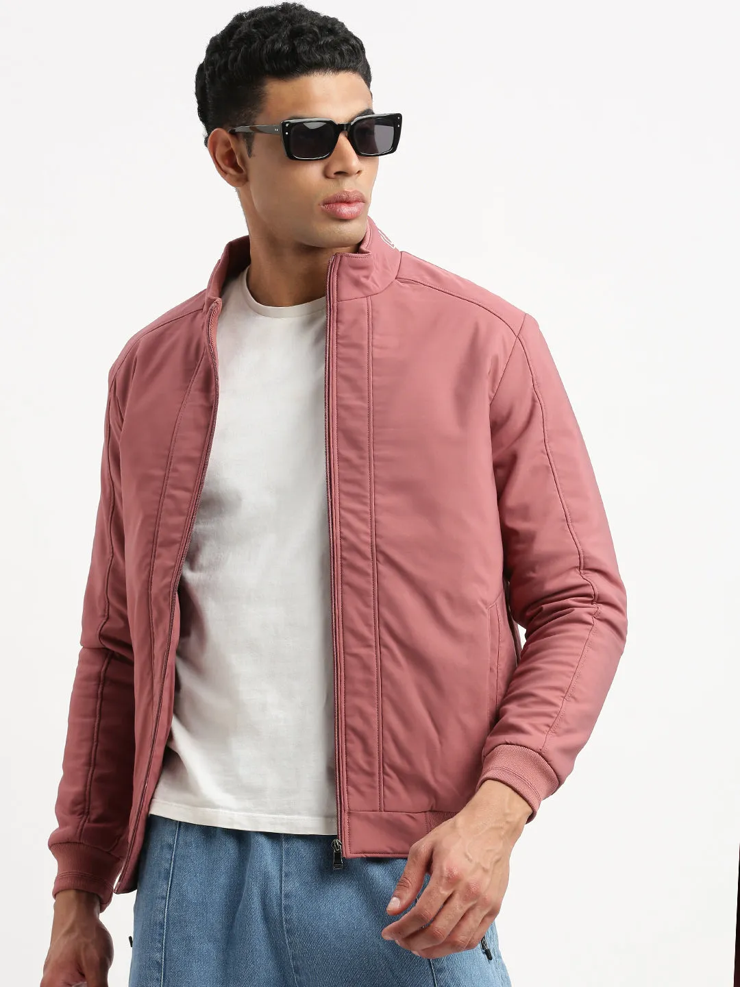 Men Mock Collar Pink Solid Bomber Jacket