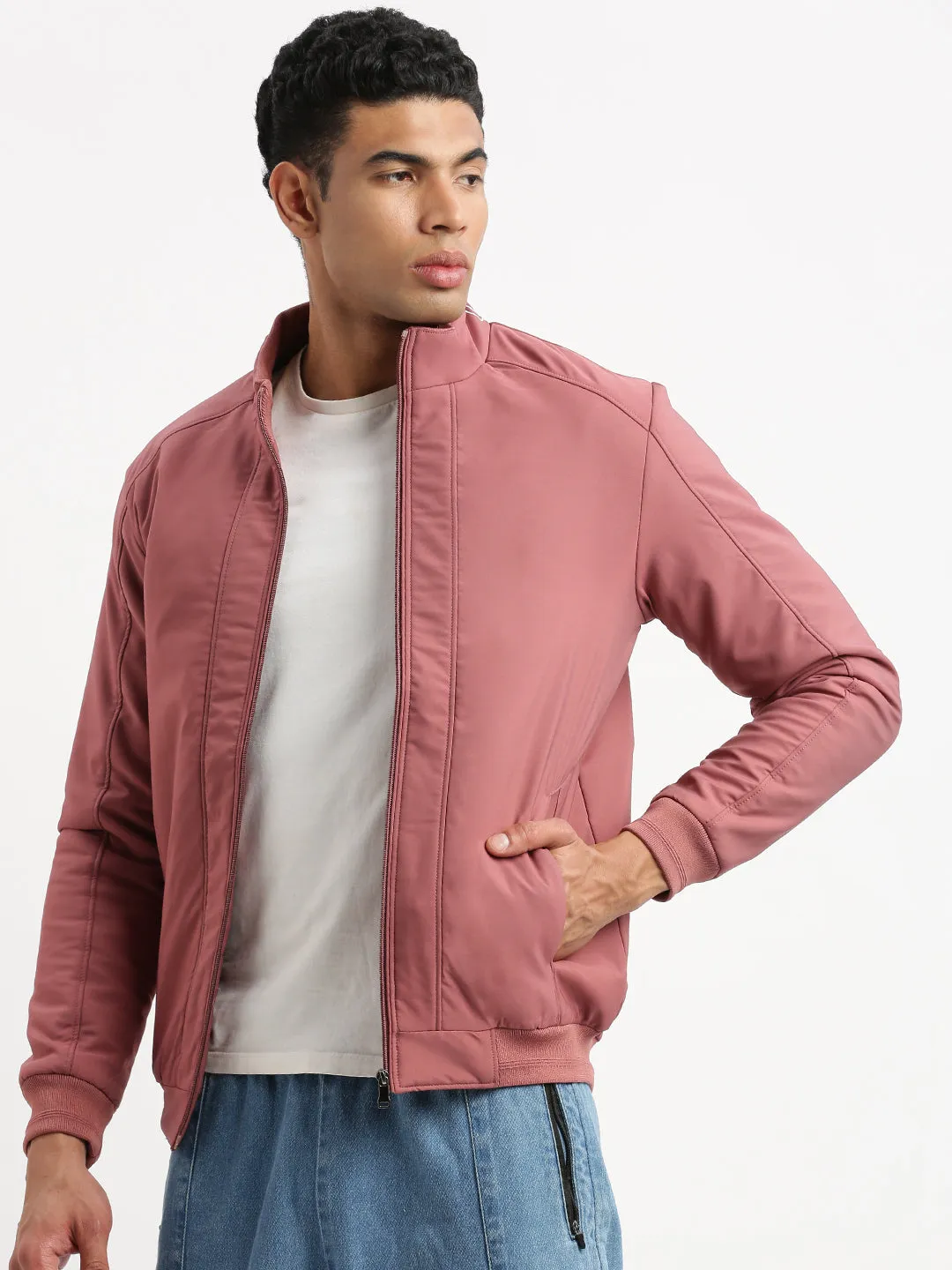 Men Mock Collar Pink Solid Bomber Jacket