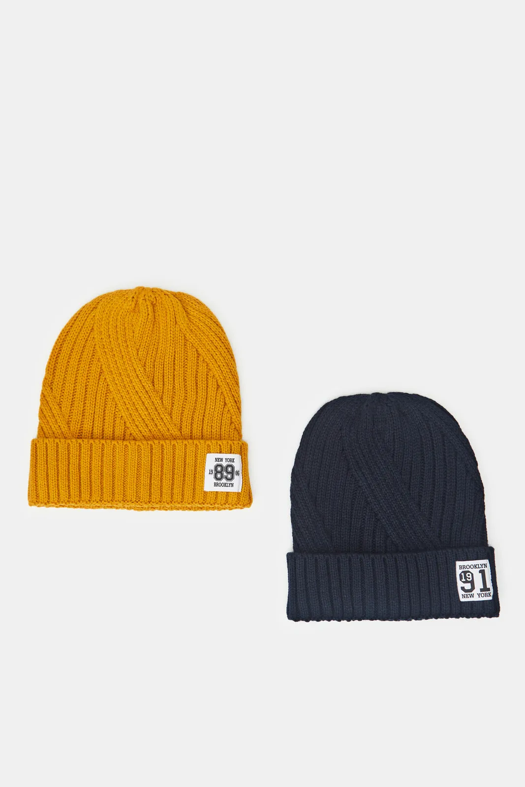 Men Navy And Mustard Knitted Cap Set (Pack of 2)