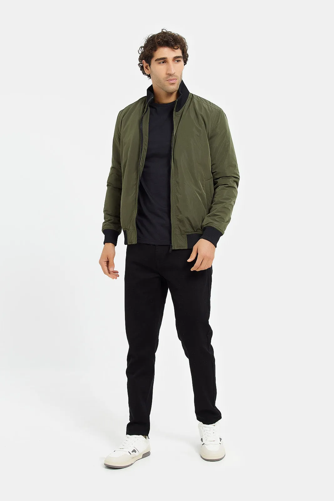 Men Olive Bomber Jacket With Faux Fur Lining