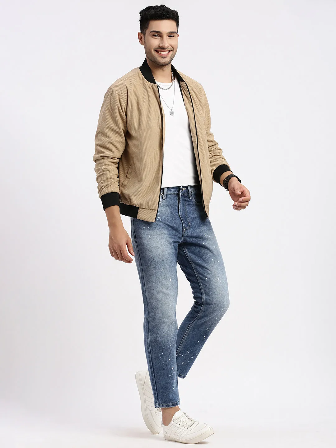 Men Solid Camel Brown Bomber Jacket