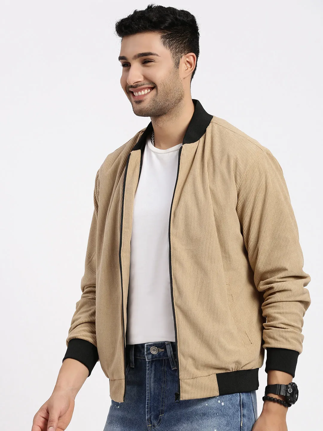 Men Solid Camel Brown Bomber Jacket