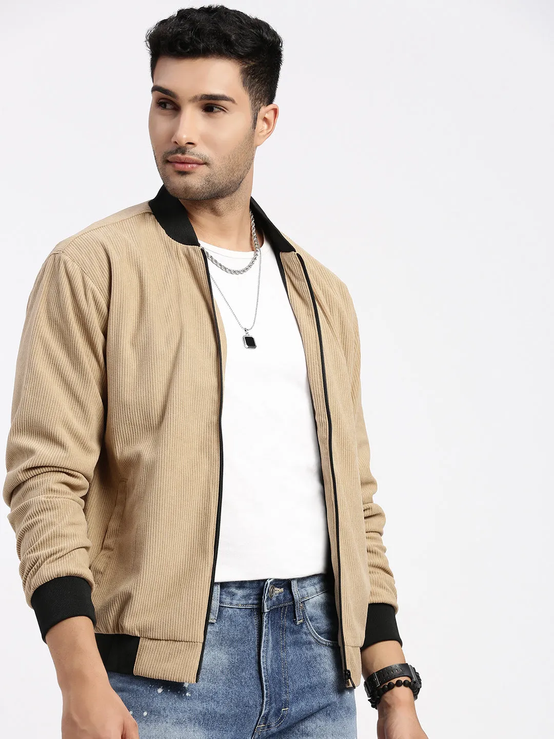 Men Solid Camel Brown Bomber Jacket