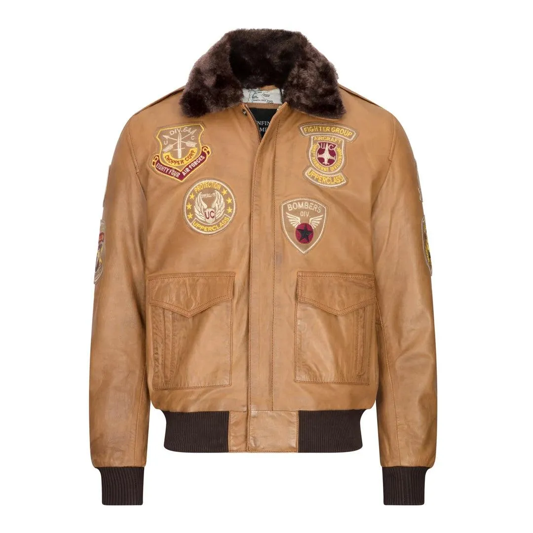 Mens Aviator Flying Pilot Bomber Jacket Vintage Tan Removable Black Fur Collar