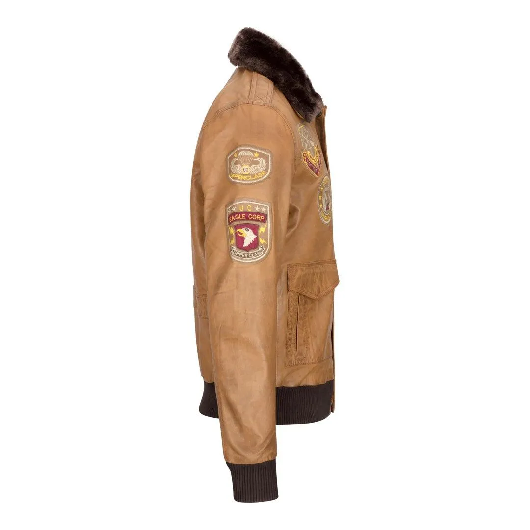 Mens Aviator Flying Pilot Bomber Jacket Vintage Tan Removable Black Fur Collar