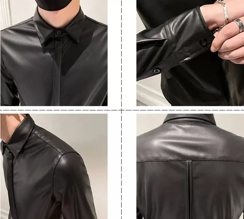 Men's Black Leather Full Sleeves Slim Fit Shirt