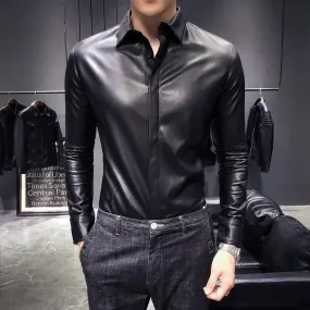 Men's Black Leather Full Sleeves Slim Fit Shirt