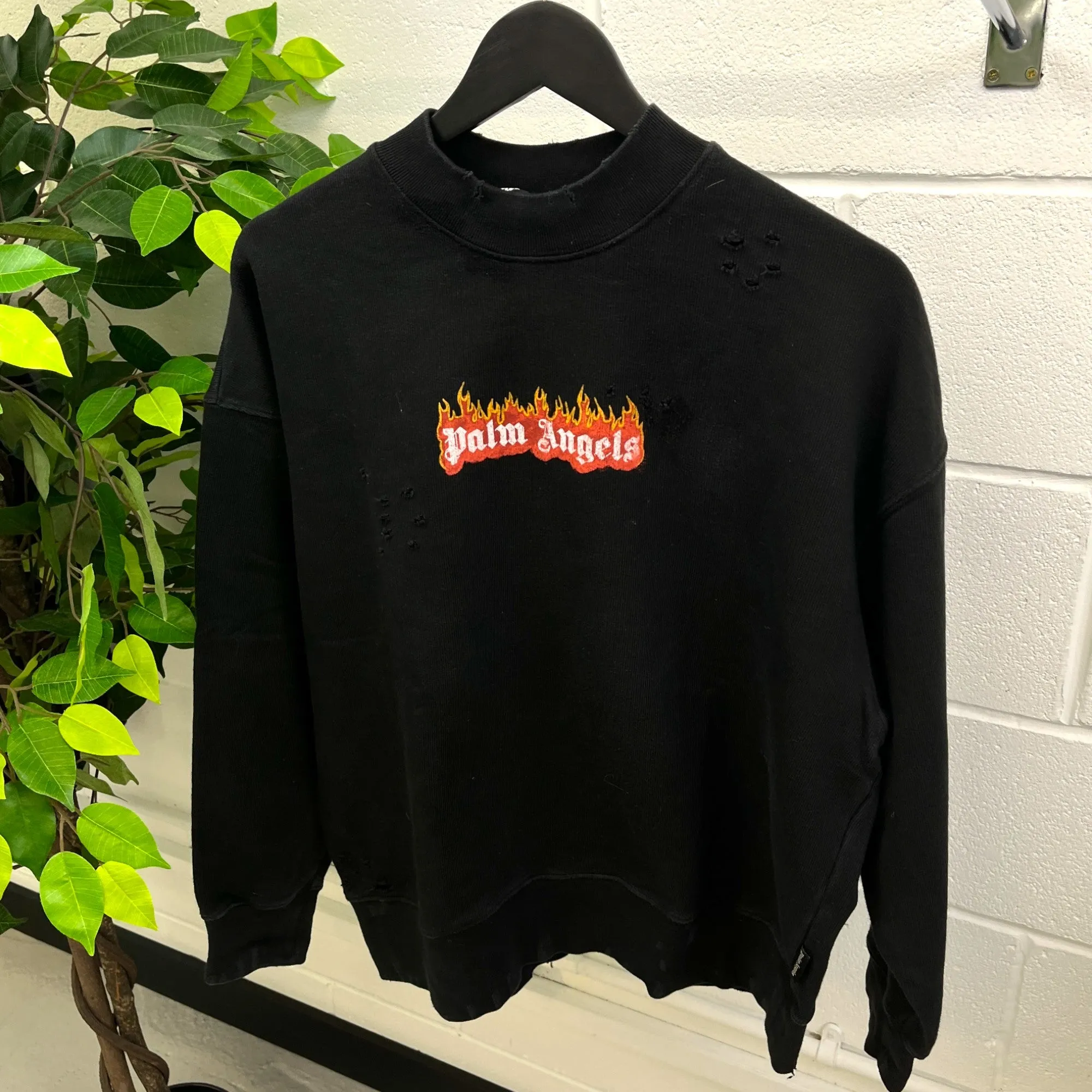 Men's Burning Logo Print Jumper Black Size XS