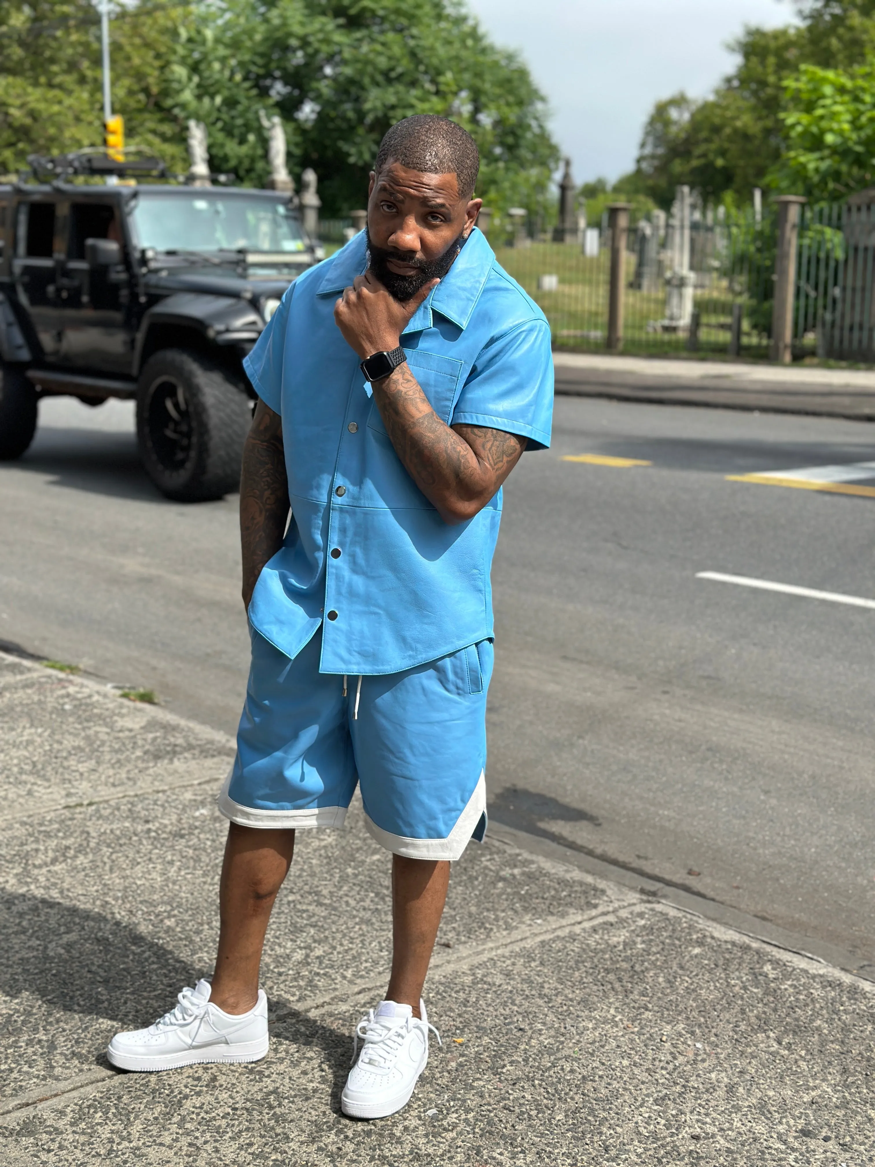 Men's Summer In Miami Leather Shirt And Shorts Set [Baby Blue]