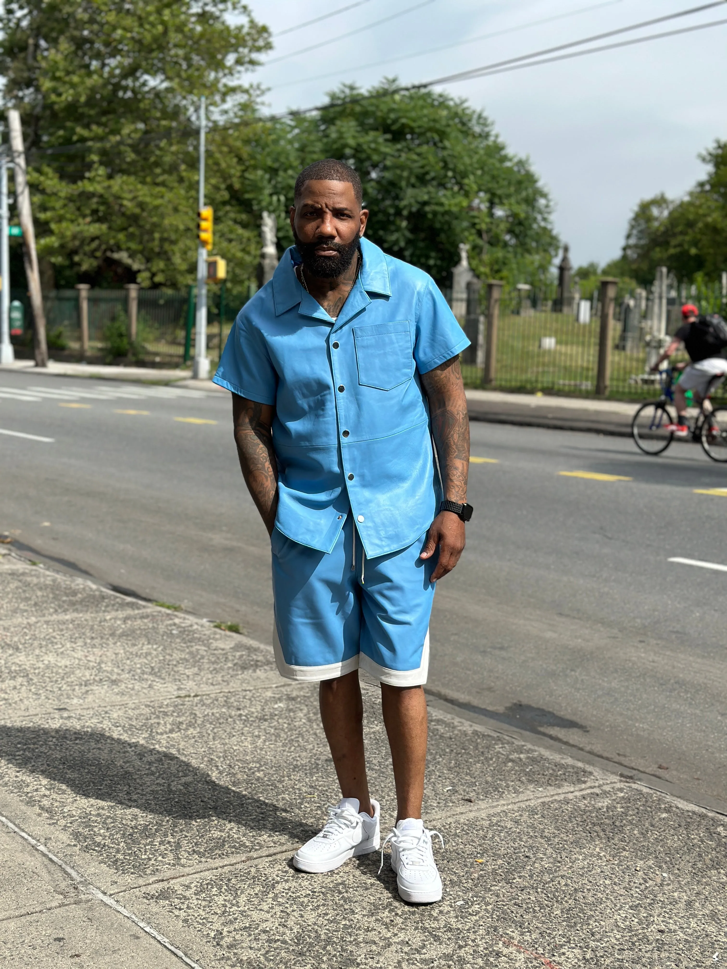 Men's Summer In Miami Leather Shirt And Shorts Set [Baby Blue]