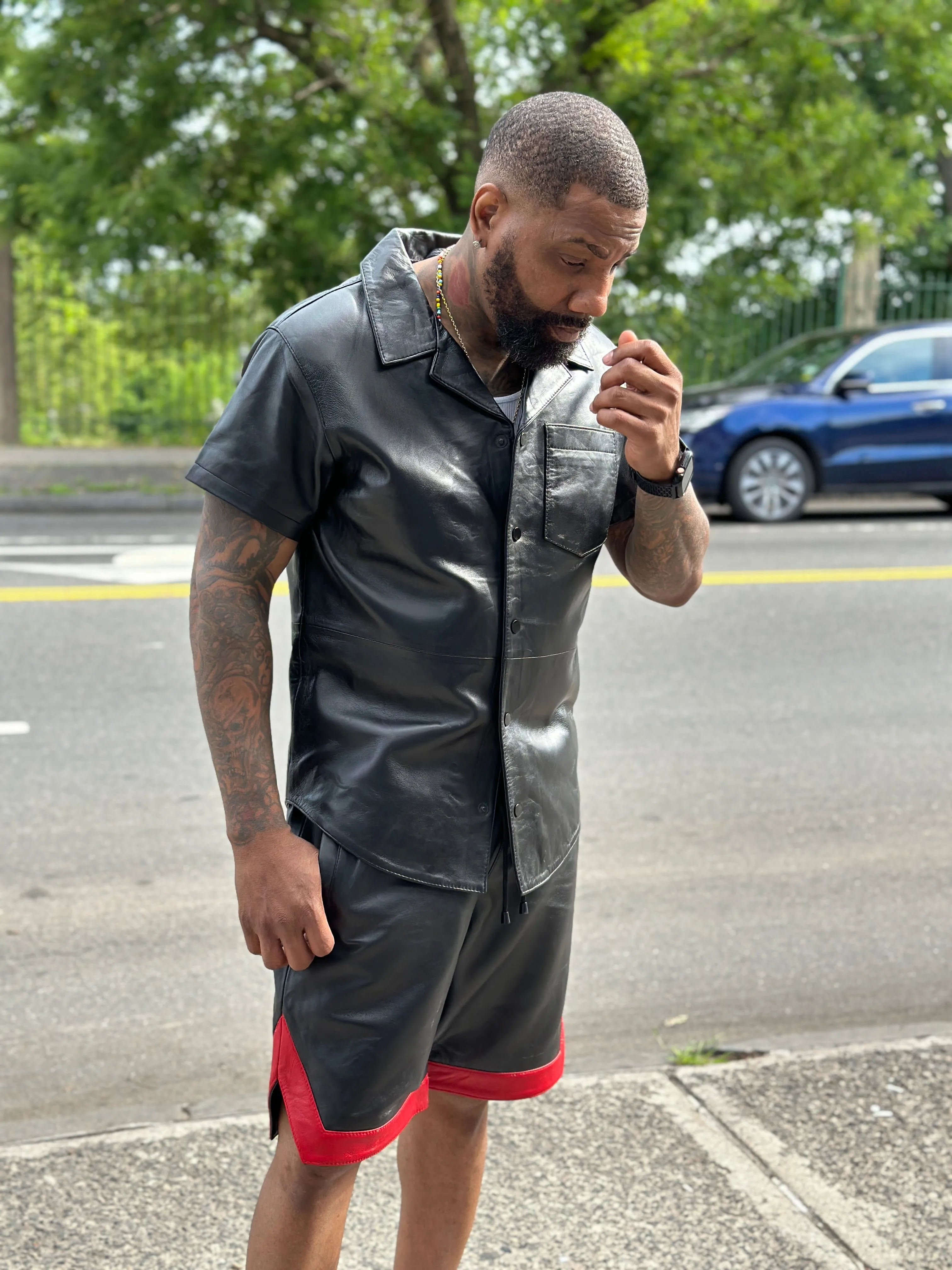 Men's Summer In Miami Leather Shirt And Shorts Set [Black/Red Stripe]