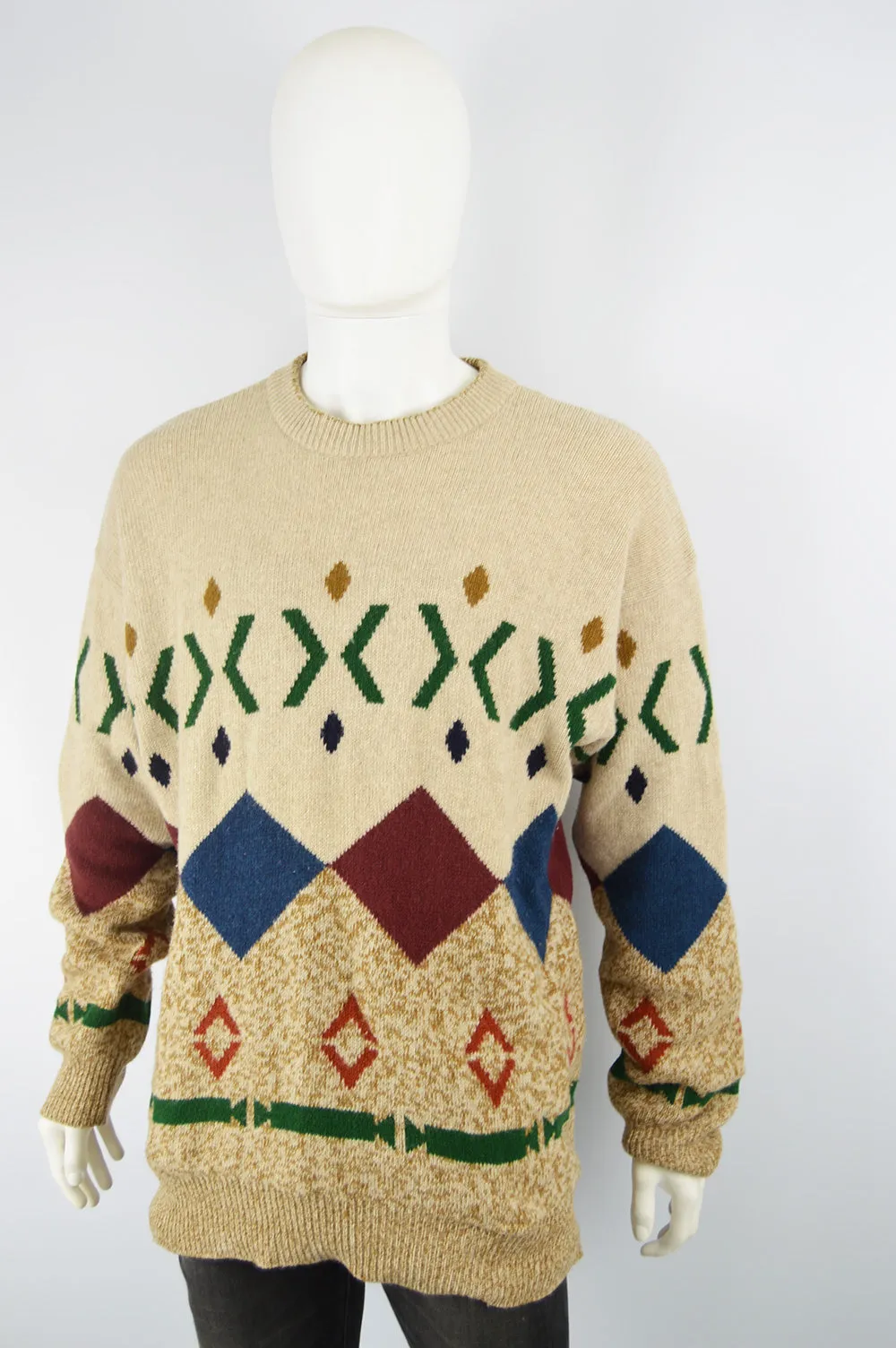 Men's Vintage Diamond Pattern Pure Italian Wool Sweater, 1990s