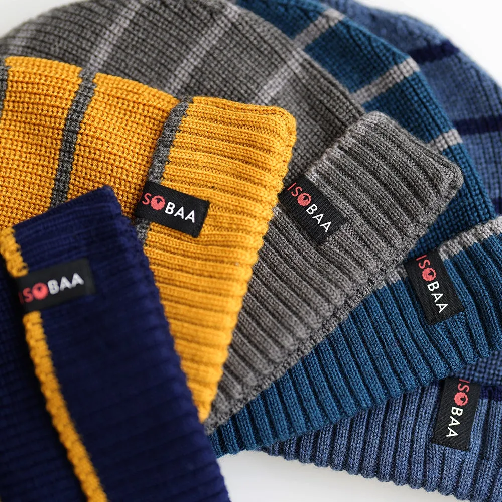 Merino Stripe Beanie (Mustard/Smoke)