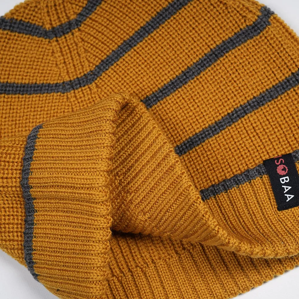 Merino Stripe Beanie (Mustard/Smoke)