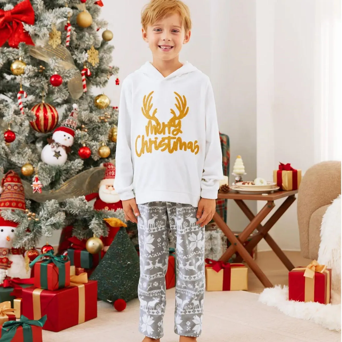 Merry Christmas Hooded Family Christmas Pajamas Reindeer Grey Pajama Pants