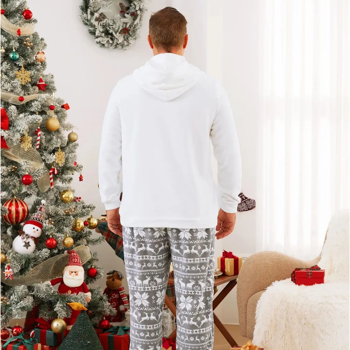 Merry Christmas Hooded Family Christmas Pajamas Reindeer Grey Pajama Pants