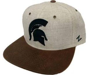 Michigan State Spartans Zephyr Ivory Linen Brown Faux Leather Flat Bill Hat Cap