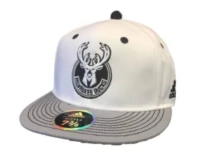 Milwaukee Bucks Adidas White & Gray Structured Fitted Flat Bill Hat Cap (7 3/8)