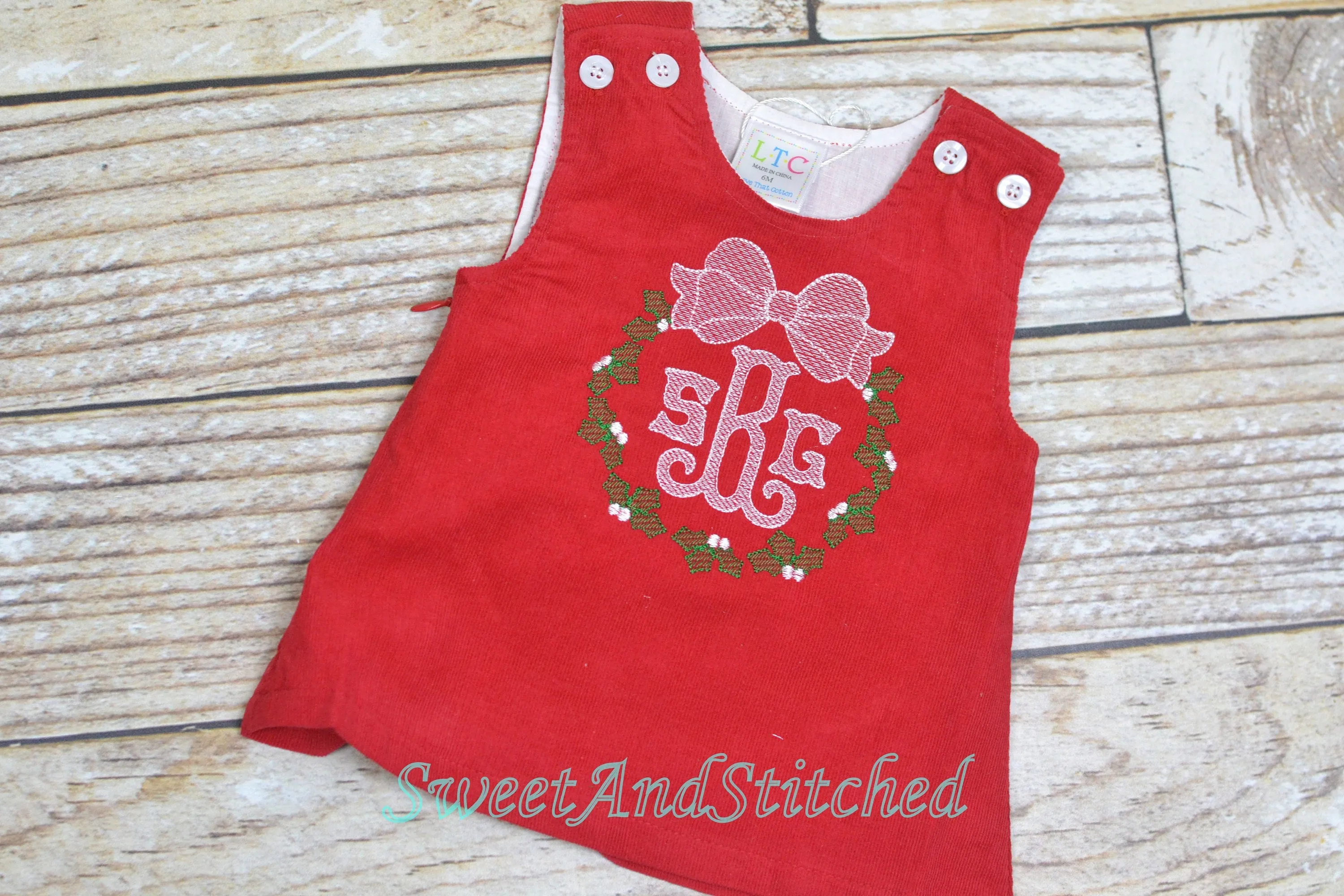 Monogrammed Christmas dress with holly design, Corduroy Christmas jumper dress