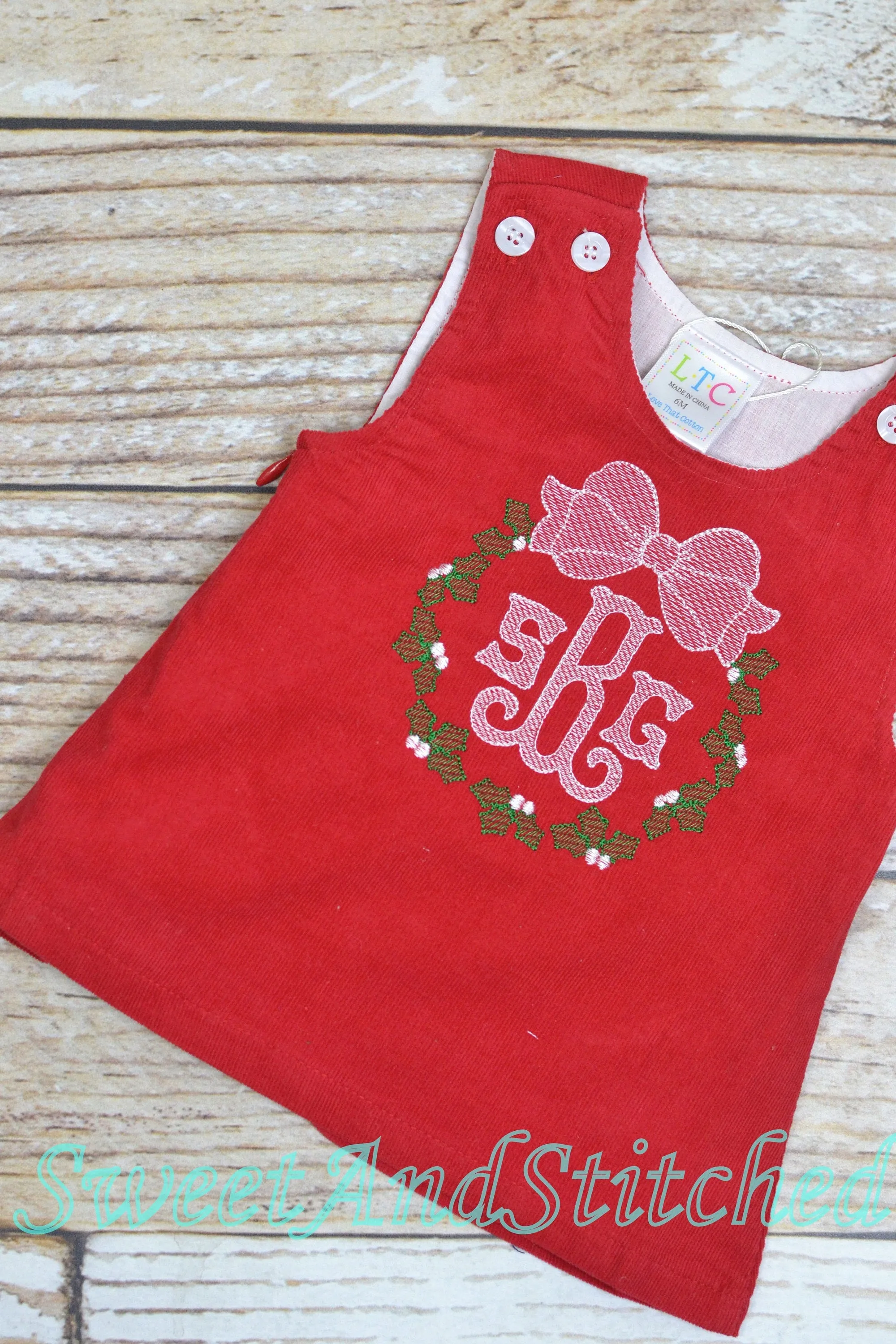 Monogrammed Christmas dress with holly design, Corduroy Christmas jumper dress