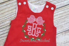 Monogrammed Christmas dress with holly design, Corduroy Christmas jumper dress