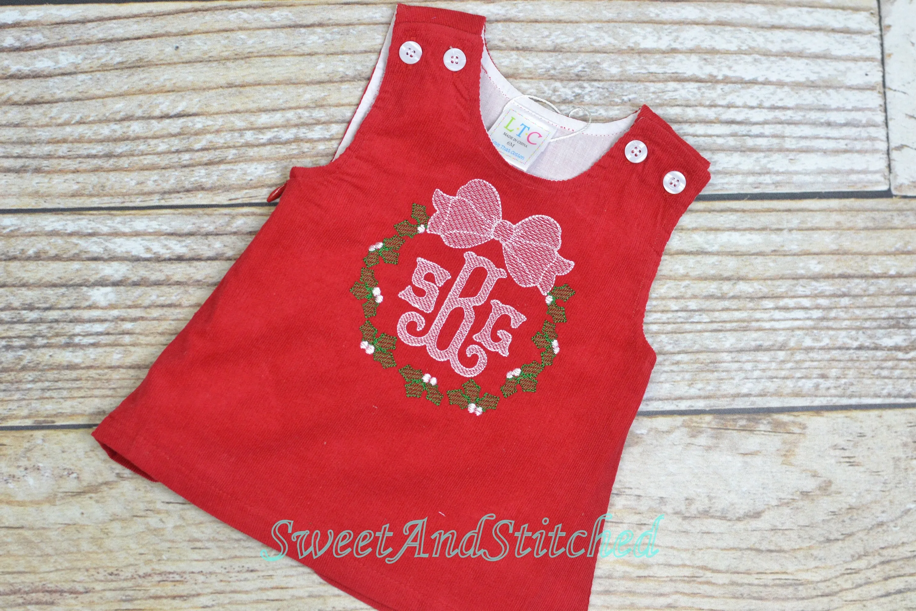 Monogrammed Christmas dress with holly design, Corduroy Christmas jumper dress